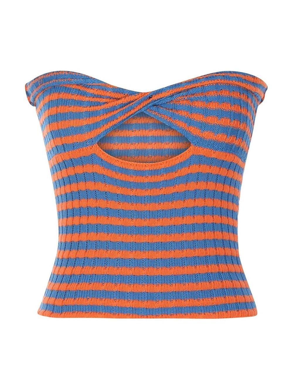 Y2K Ribbed Twist Front Crop Top XS Orange Blue Striped Baby Tee Festival